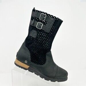 Sorel Major Pull On Womens Black Perforated Mid-Calf Boots Dual Buckle Size 7.5